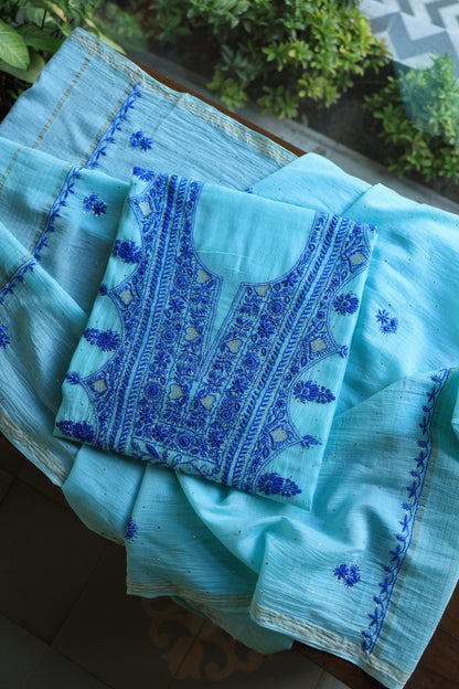 Sea Green & Blue Mal Cotton Fine Chikankari Unstitched Fabric