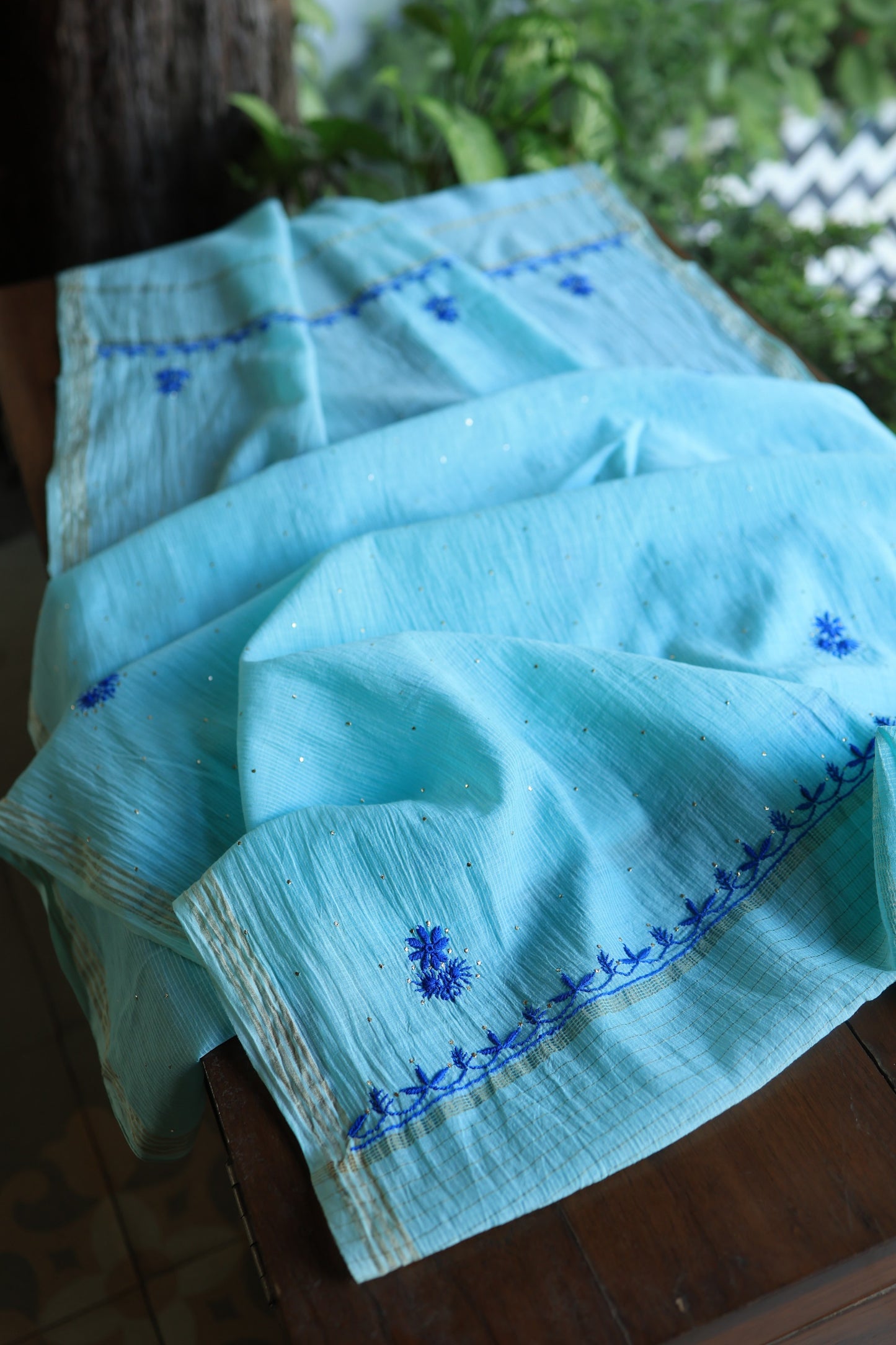 Sea Green & Blue Mal Cotton Fine Chikankari Unstitched Fabric