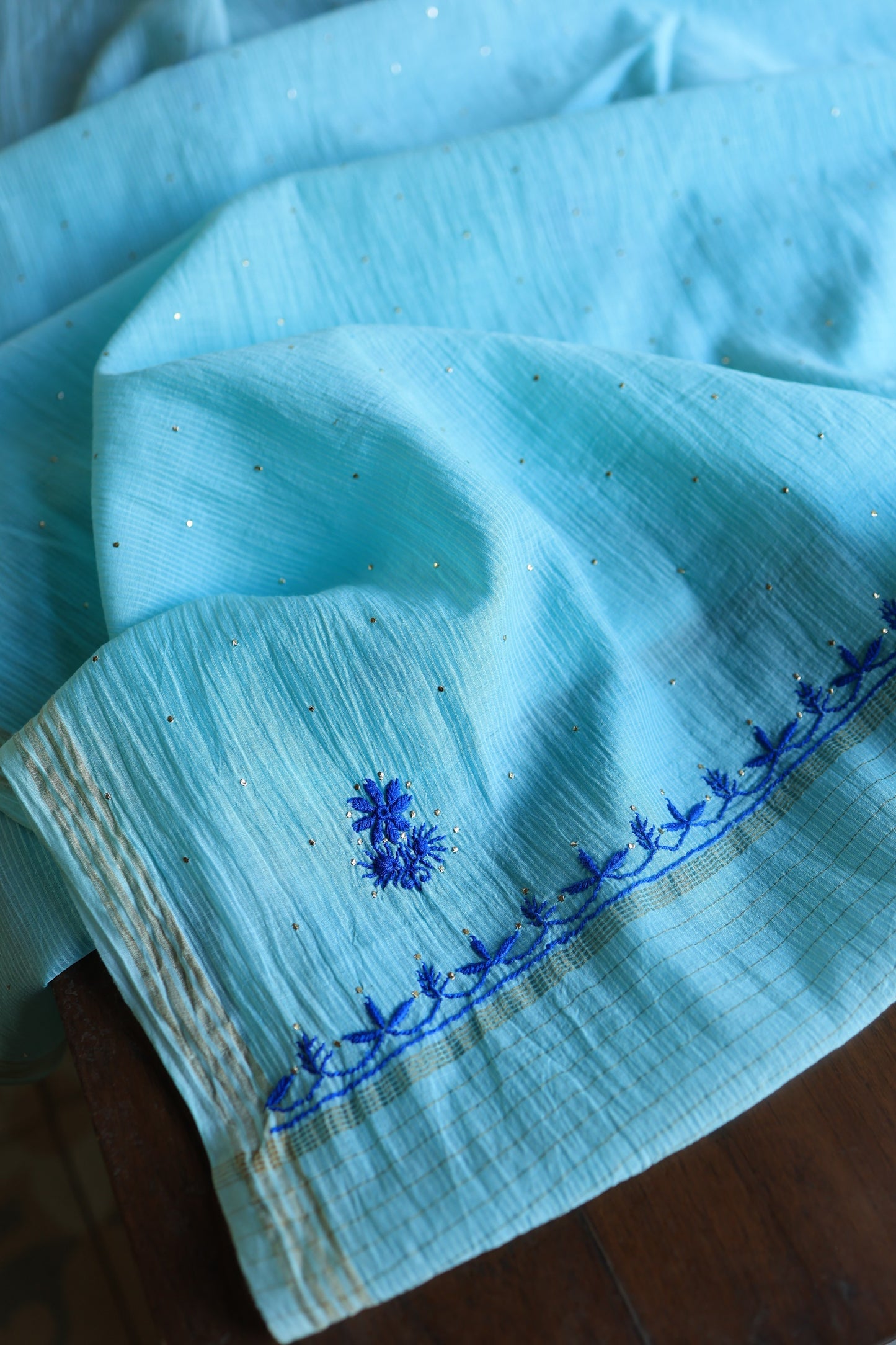 Sea Green & Blue Mal Cotton Fine Chikankari Unstitched Fabric