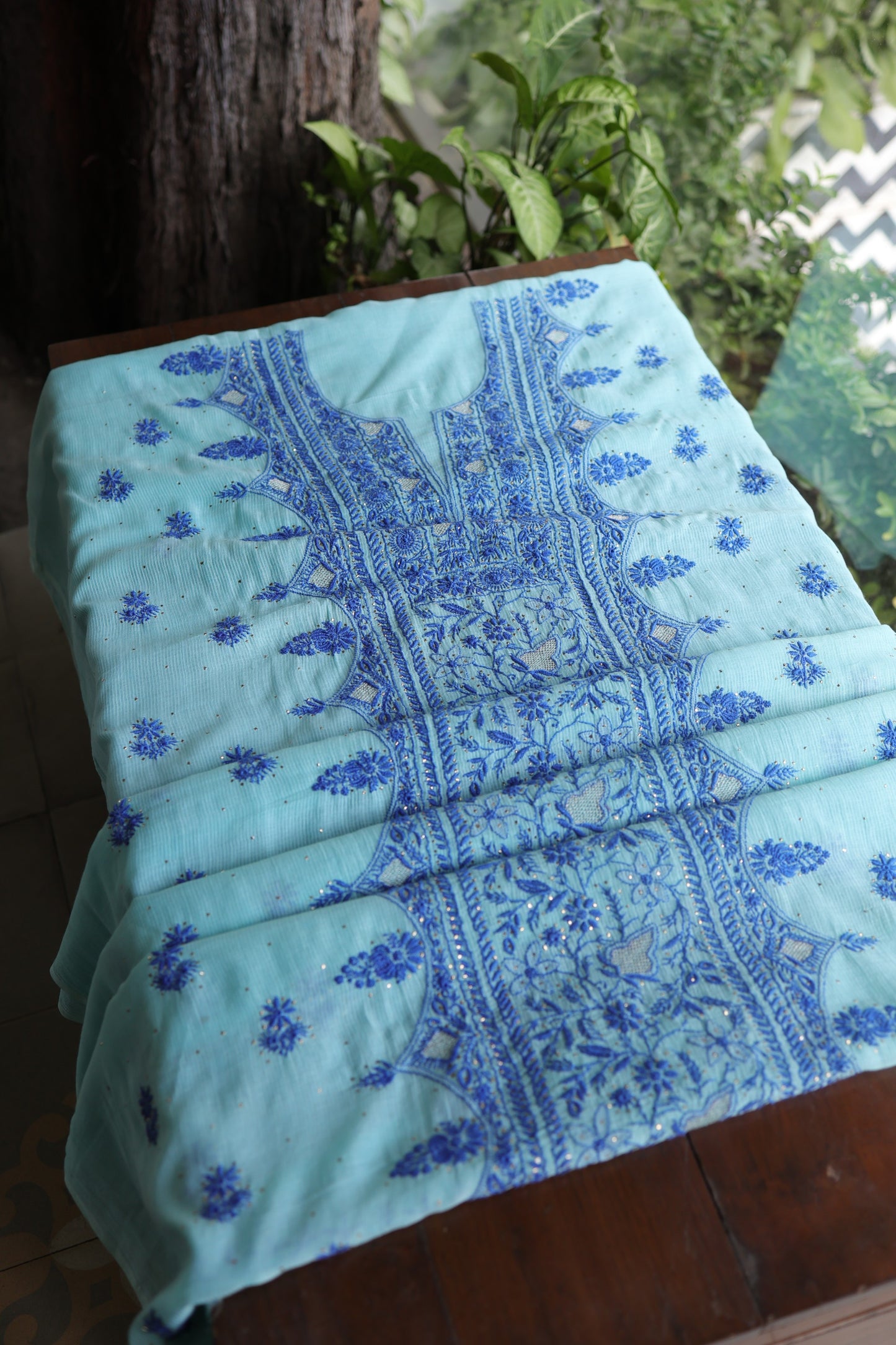 Sea Green & Blue Mal Cotton Fine Chikankari Unstitched Fabric