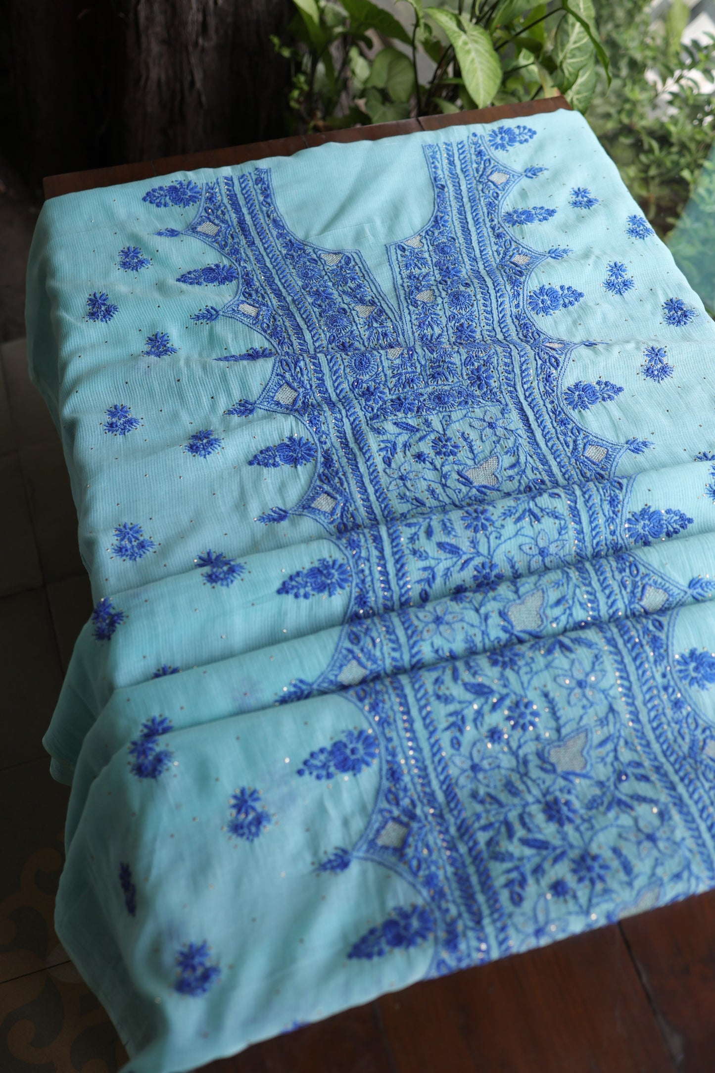 Sea Green & Blue Mal Cotton Fine Chikankari Unstitched Fabric