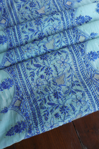 Sea Green & Blue Mal Cotton Fine Chikankari Unstitched Fabric
