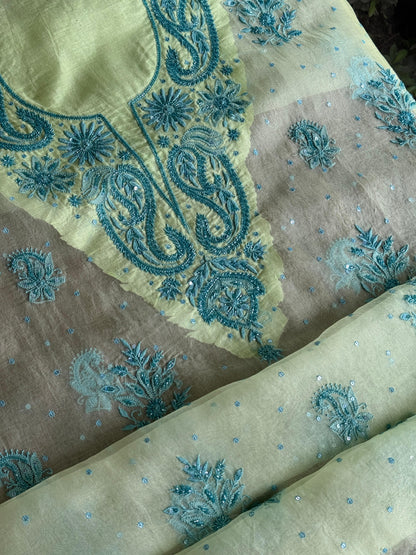 Sea Mist Shade Noor Organza Silk Chikankari Unstitched Kurta Dupatta Set