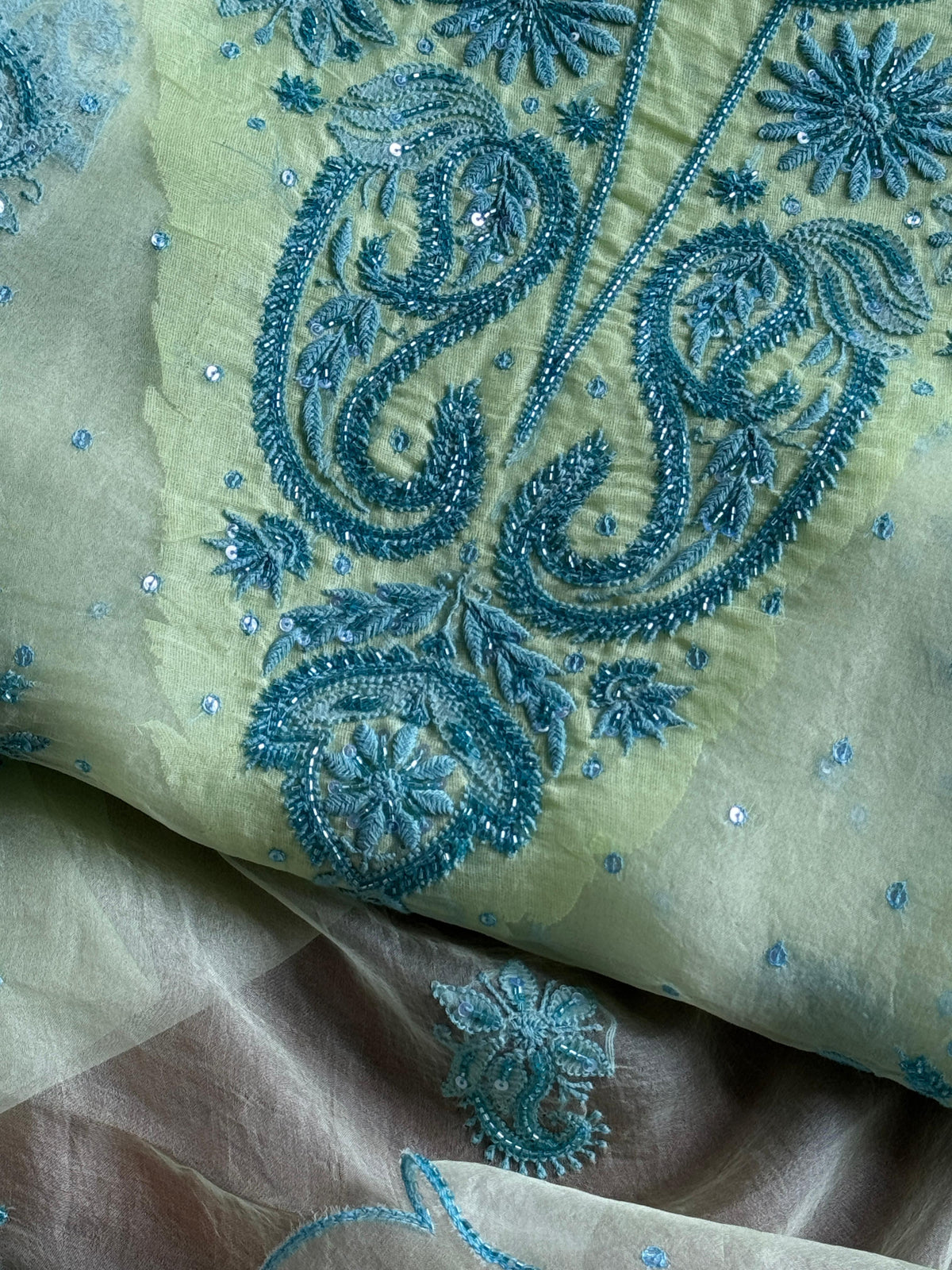 Sea Mist Shade Noor Organza Silk Chikankari Unstitched Kurta Dupatta Set