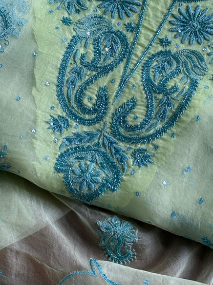 Sea Mist Shade Noor Organza Silk Chikankari Unstitched Kurta Dupatta Set