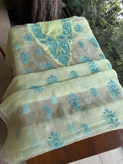 Sea Mist Shade Noor Organza Silk Chikankari Unstitched Kurta Dupatta Set