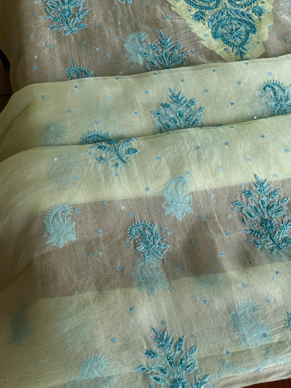 Sea Mist Shade Noor Organza Silk Chikankari Unstitched Kurta Dupatta Set