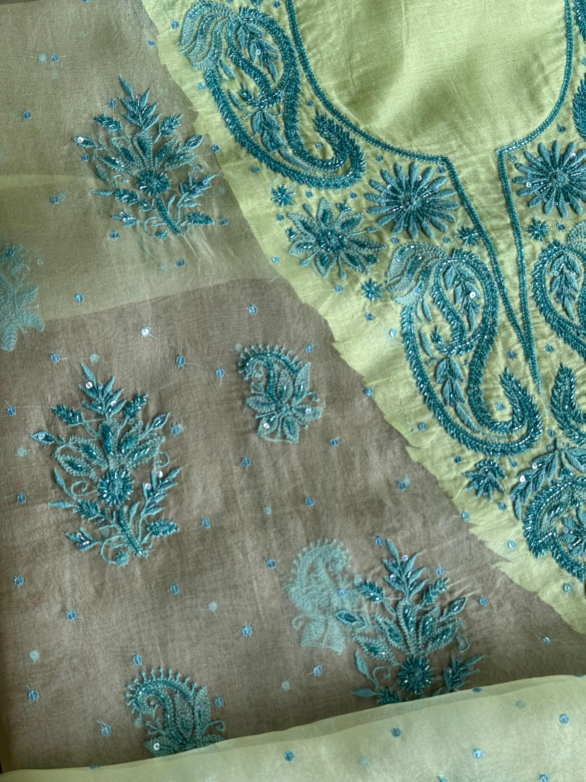 Sea Mist Shade Noor Organza Silk Chikankari Unstitched Kurta Dupatta Set