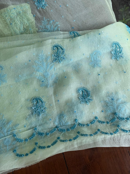 Sea Mist Shade Noor Organza Silk Chikankari Unstitched Kurta Dupatta Set