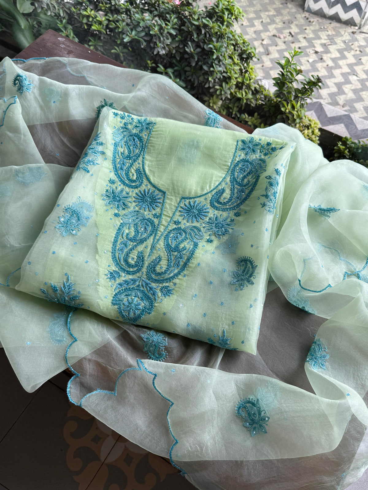 Sea Mist Shade Noor Organza Silk Chikankari Unstitched Kurta Dupatta Set