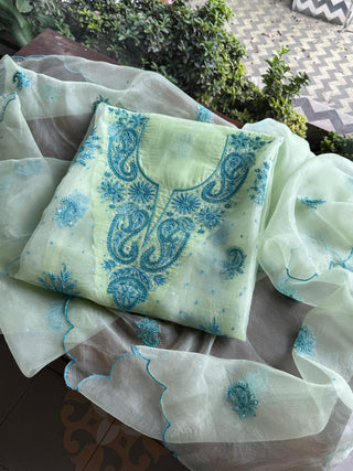 Sea Mist Shade Noor Organza Silk Chikankari Unstitched Kurta Dupatta Set