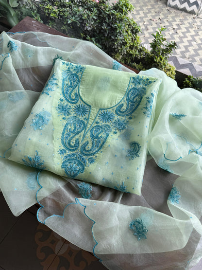 Sea Mist Shade Noor Organza Silk Chikankari Unstitched Kurta Dupatta Set