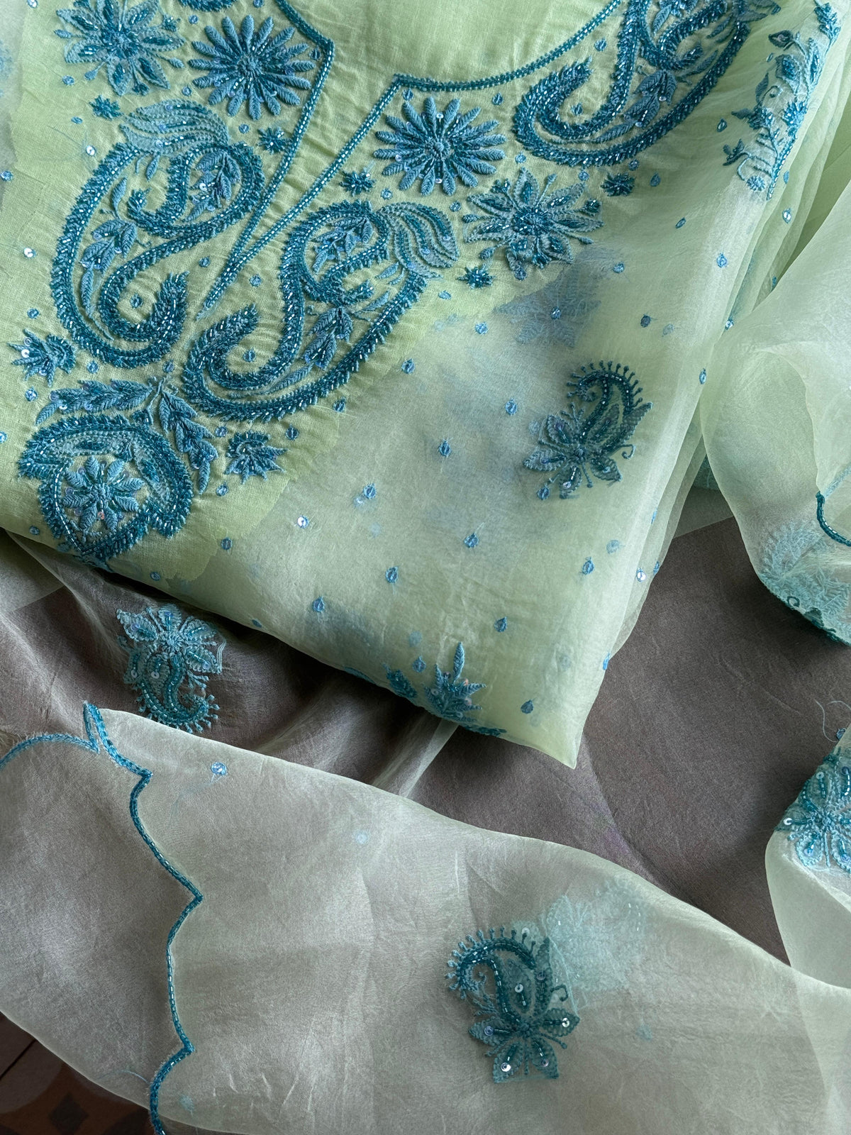 Sea Mist Shade Noor Organza Silk Chikankari Unstitched Kurta Dupatta Set