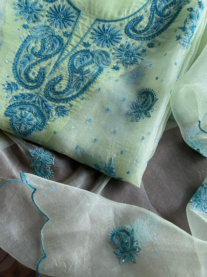 Sea Mist Shade Noor Organza Silk Chikankari Unstitched Kurta Dupatta Set