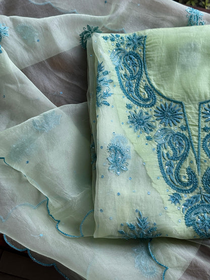 Sea Mist Shade Noor Organza Silk Chikankari Unstitched Kurta Dupatta Set