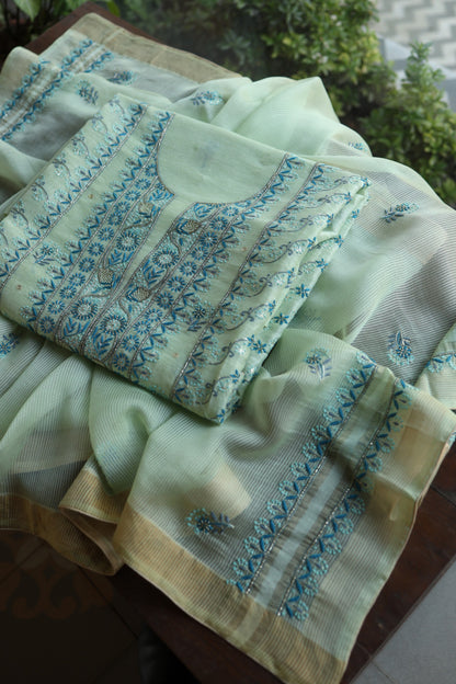 Sea Mist Shade Rasm Silk Chikankari With Ari Work Unstitched Kurta Dupatta Set
