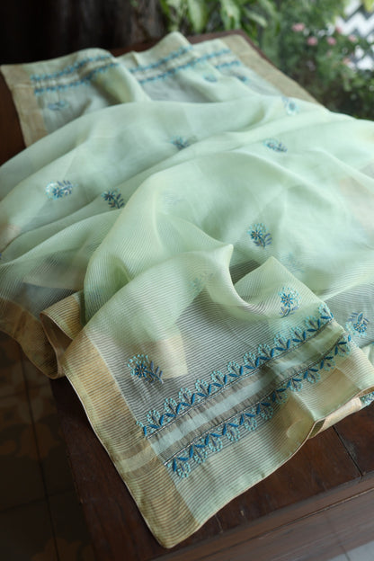 Sea Mist Shade Rasm Silk Chikankari With Ari Work Unstitched Kurta Dupatta Set