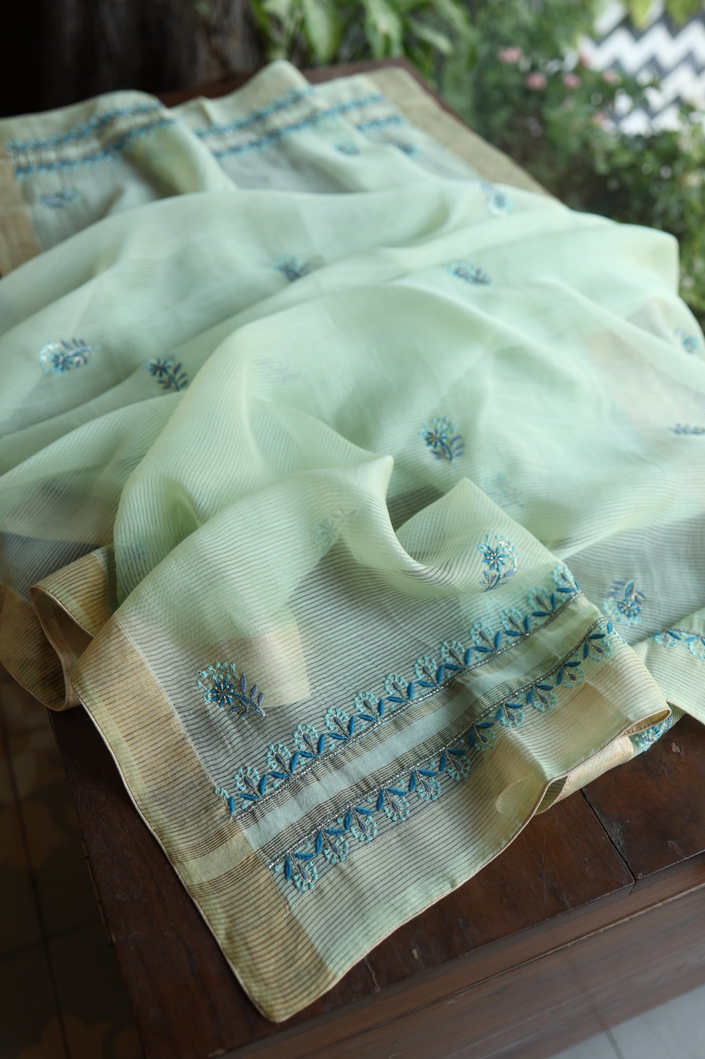 Sea Mist Shade Rasm Silk Chikankari With Ari Work Unstitched Kurta Dupatta Set