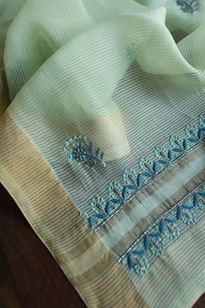 Sea Mist Shade Rasm Silk Chikankari With Ari Work Unstitched Kurta Dupatta Set