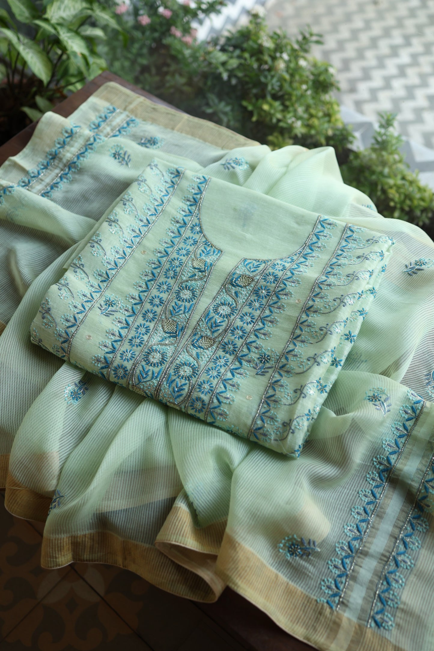 Sea Mist Shade Rasm Silk Chikankari With Ari Work Unstitched Kurta Dupatta Set