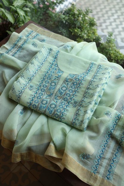 Sea Mist Shade Rasm Silk Chikankari With Ari Work Unstitched Kurta Dupatta Set