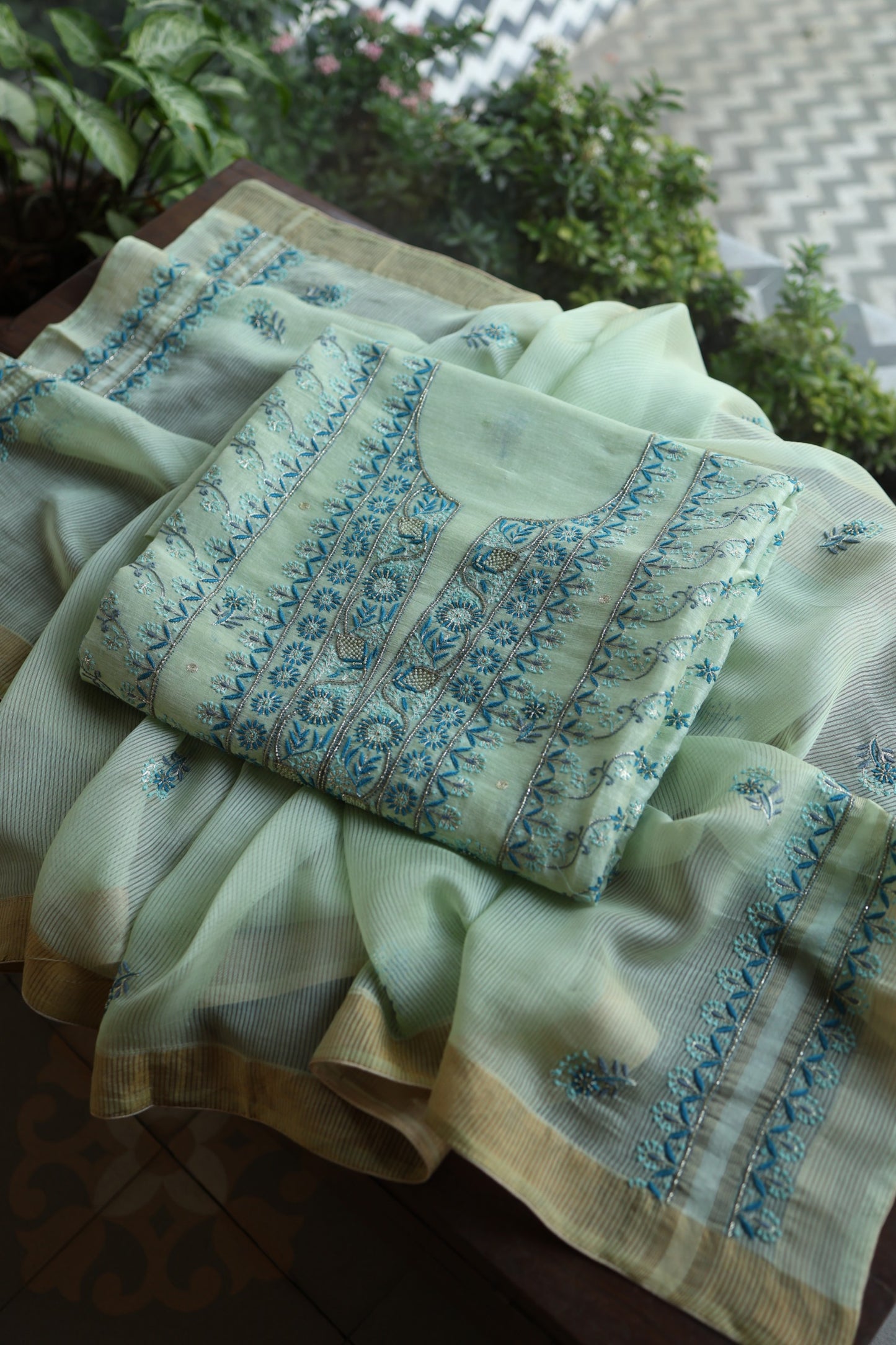 Sea Mist Shade Rasm Silk Chikankari With Ari Work Unstitched Kurta Dupatta Set