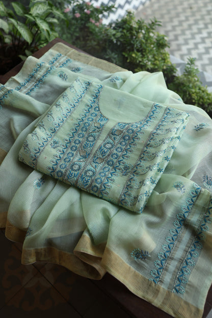 Sea Mist Shade Rasm Silk Chikankari With Ari Work Unstitched Kurta Dupatta Set