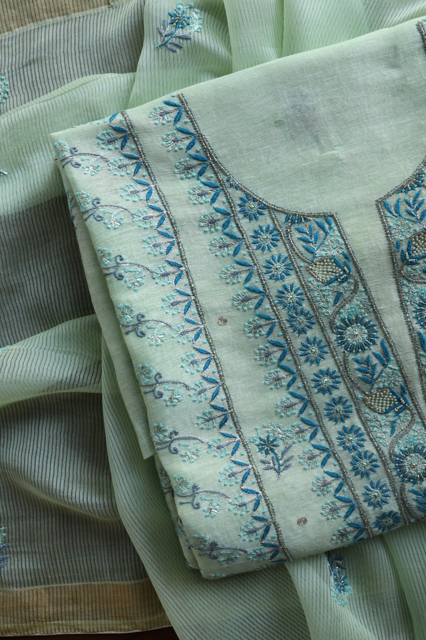 Sea Mist Shade Rasm Silk Chikankari With Ari Work Unstitched Kurta Dupatta Set
