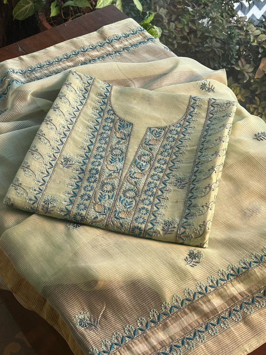 Sea Mist Shade Rasm Silk Chikankari With Ari Work Unstitched Kurta Dupatta Set