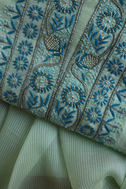 Sea Mist Shade Rasm Silk Chikankari With Ari Work Unstitched Kurta Dupatta Set