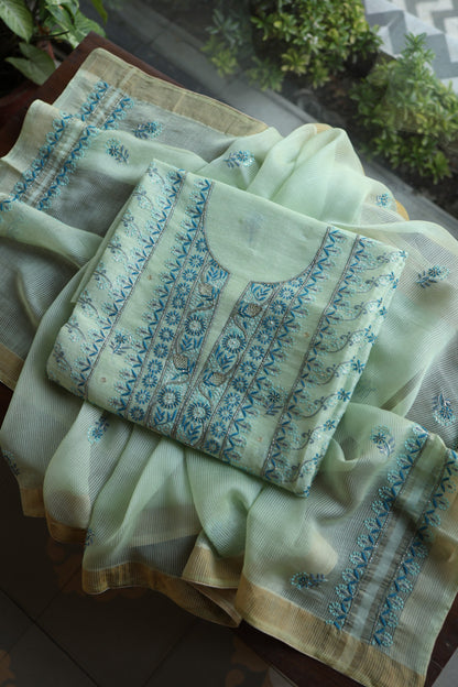 Sea Mist Shade Rasm Silk Chikankari With Ari Work Unstitched Kurta Dupatta Set