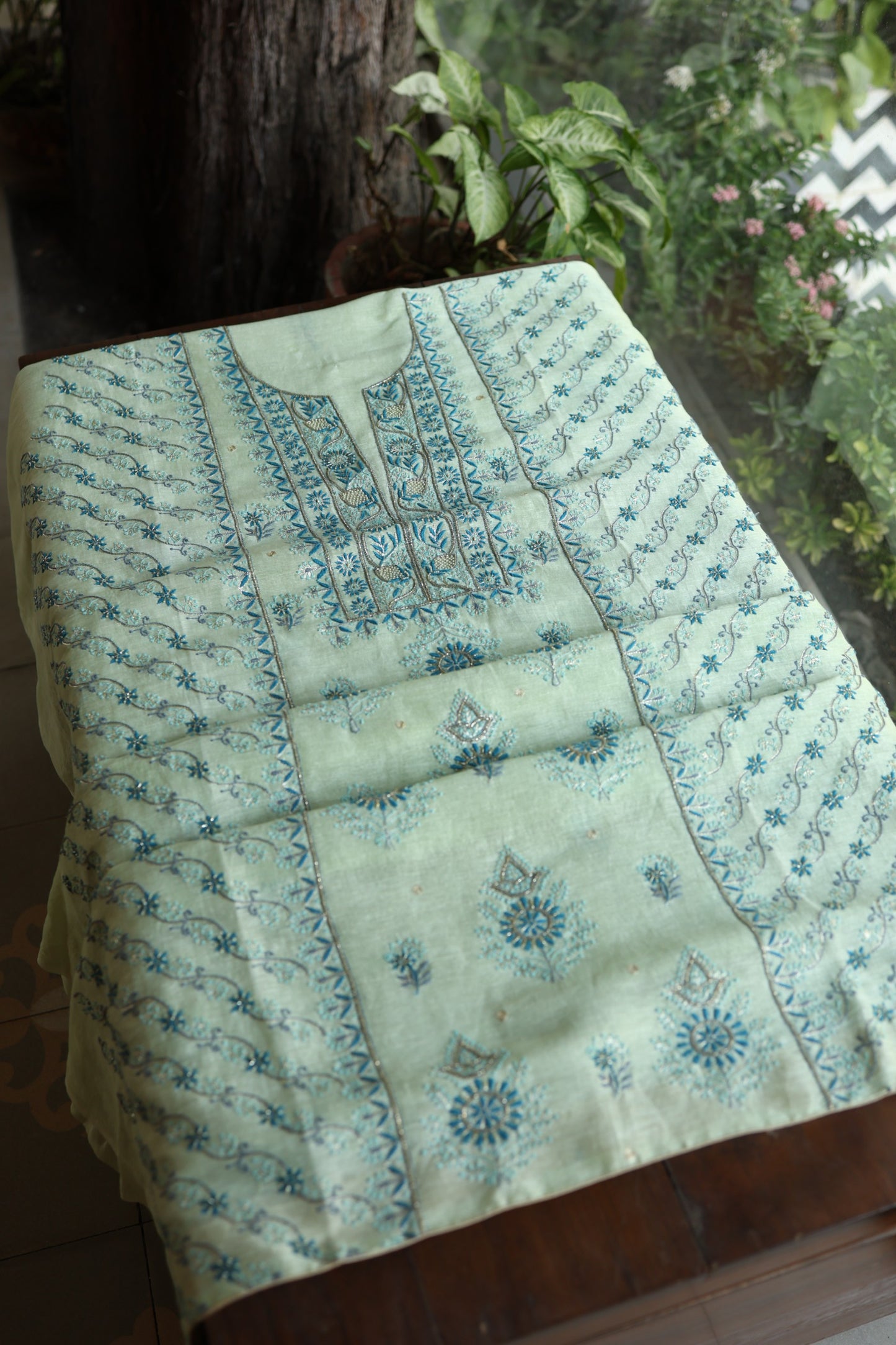 Sea Mist Shade Rasm Silk Chikankari With Ari Work Unstitched Kurta Dupatta Set