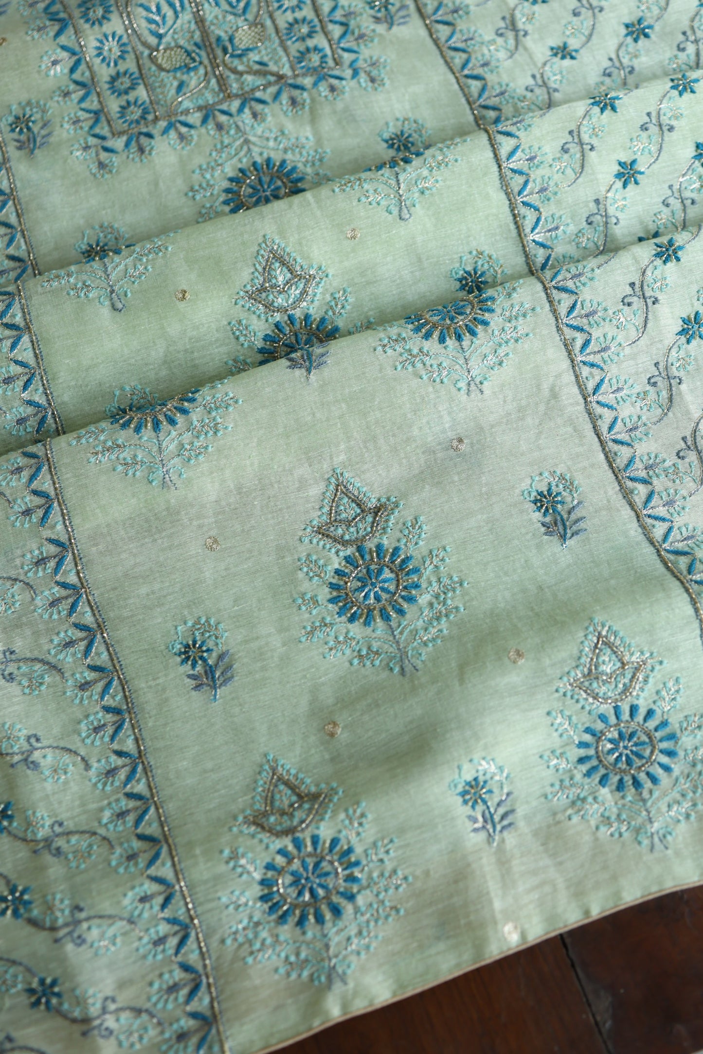 Sea Mist Shade Rasm Silk Chikankari With Ari Work Unstitched Kurta Dupatta Set