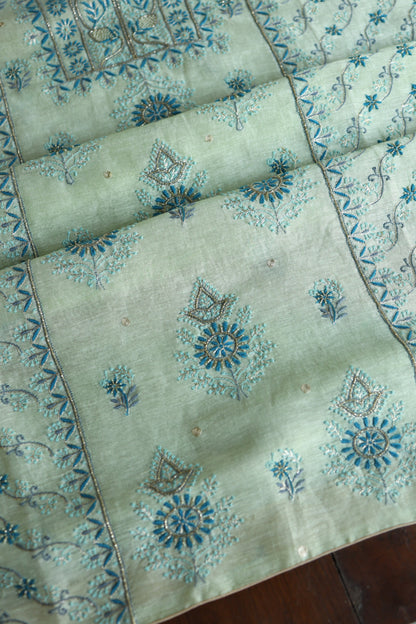 Sea Mist Shade Rasm Silk Chikankari With Ari Work Unstitched Kurta Dupatta Set