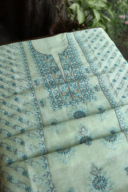 Sea Mist Shade Rasm Silk Chikankari With Ari Work Unstitched Kurta Dupatta Set