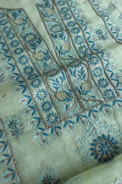 Sea Mist Shade Rasm Silk Chikankari With Ari Work Unstitched Kurta Dupatta Set