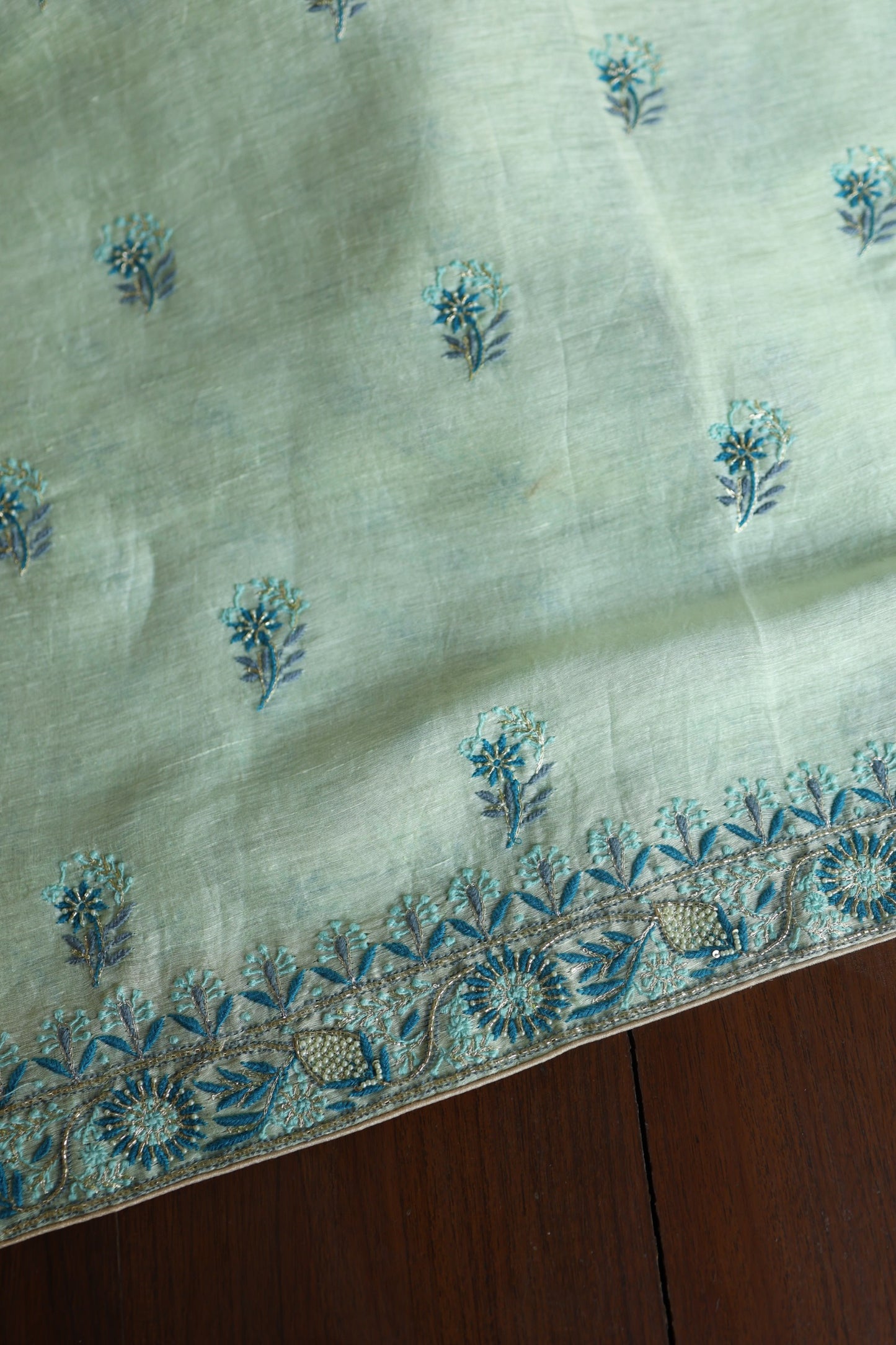 Sea Mist Shade Rasm Silk Chikankari With Ari Work Unstitched Kurta Dupatta Set