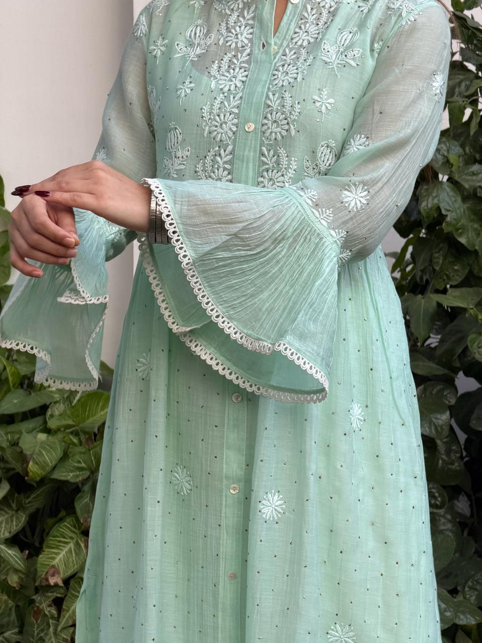 Sea Green Mal chikankari Dress With Bell Sleeves