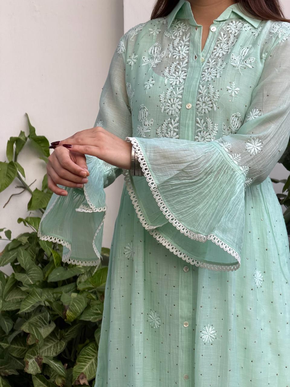 Sea Green Mal chikankari Dress With Bell Sleeves