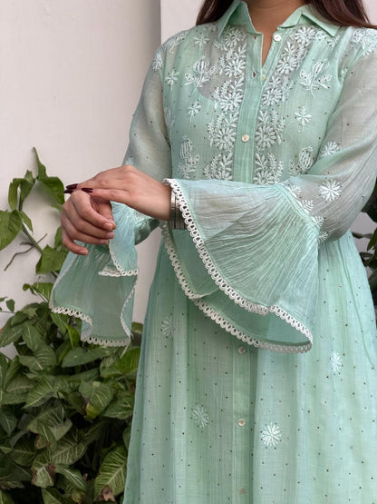 Sea Green Mal chikankari Dress With Bell Sleeves