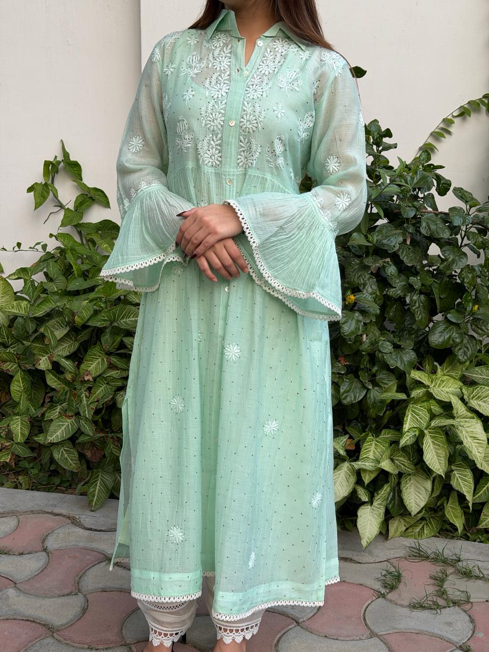 Sea Green Mal chikankari Dress With Bell Sleeves