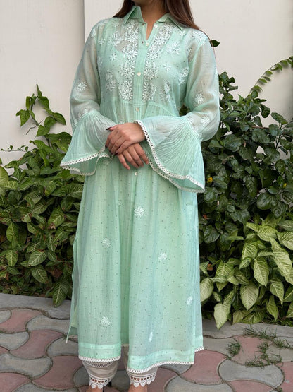 Sea Green Mal chikankari Dress With Bell Sleeves