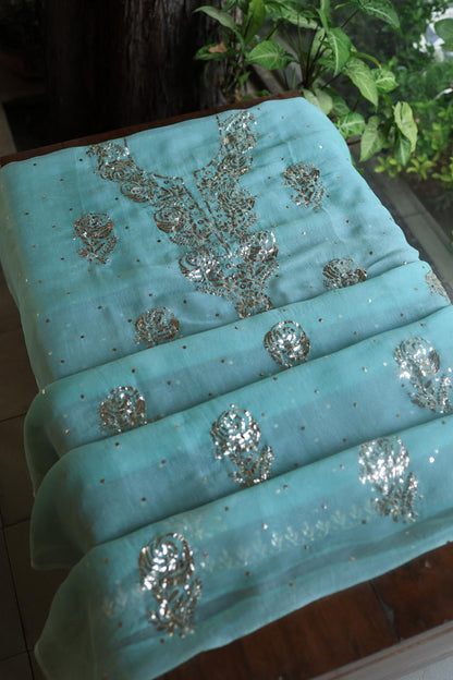 Sea Green Noor Organza Silk Mukaish Badla Unstitched Kurta Dupatta Set