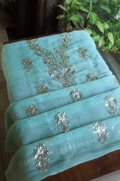 Sea Green Noor Organza Silk Mukaish Badla Unstitched Kurta Dupatta Set