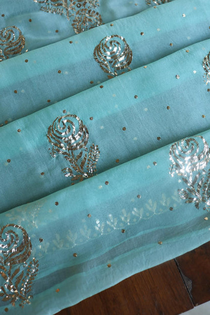 Sea Green Noor Organza Silk Mukaish Badla Unstitched Kurta Dupatta Set