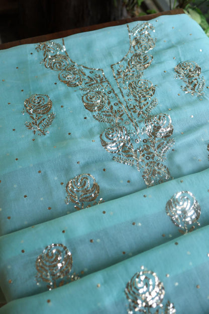 Sea Green Noor Organza Silk Mukaish Badla Unstitched Kurta Dupatta Set