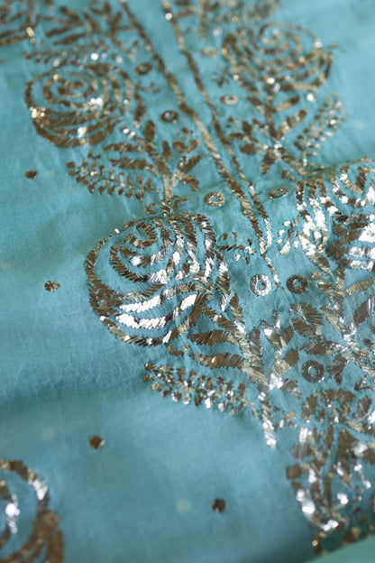 Sea Green Noor Organza Silk Mukaish Badla Unstitched Kurta Dupatta Set