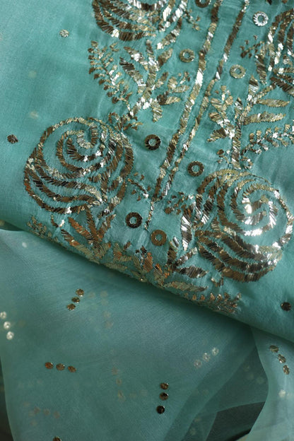 Sea Green Noor Organza Silk Mukaish Badla Unstitched Kurta Dupatta Set