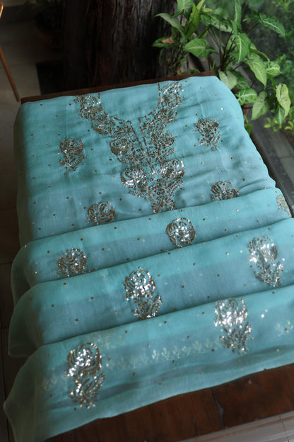 Sea Green Noor Organza Silk Mukaish Badla Unstitched Kurta Dupatta Set