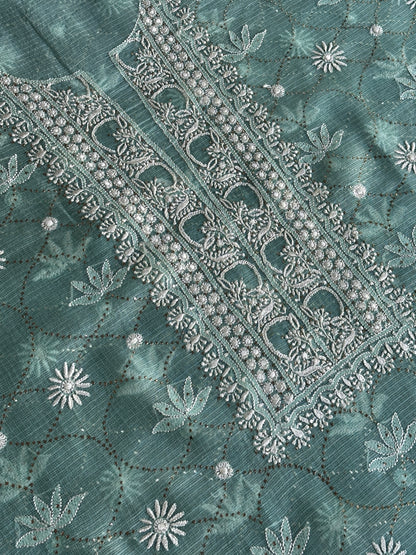 Sea Green Rasm Kota Tussar Chikankari Unstitched Chikankari Fabric